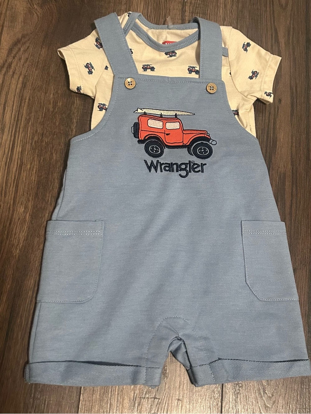 Wrangler Light Blue Shortall Set with Red Car Embroidery